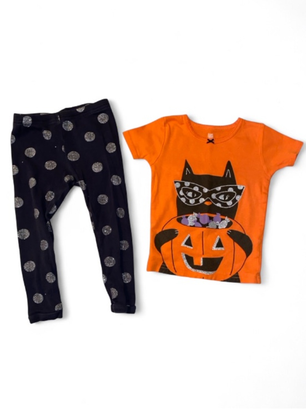 Carter's Orange Cat & Pumpkin Tee with Black Polka Dot Leggings